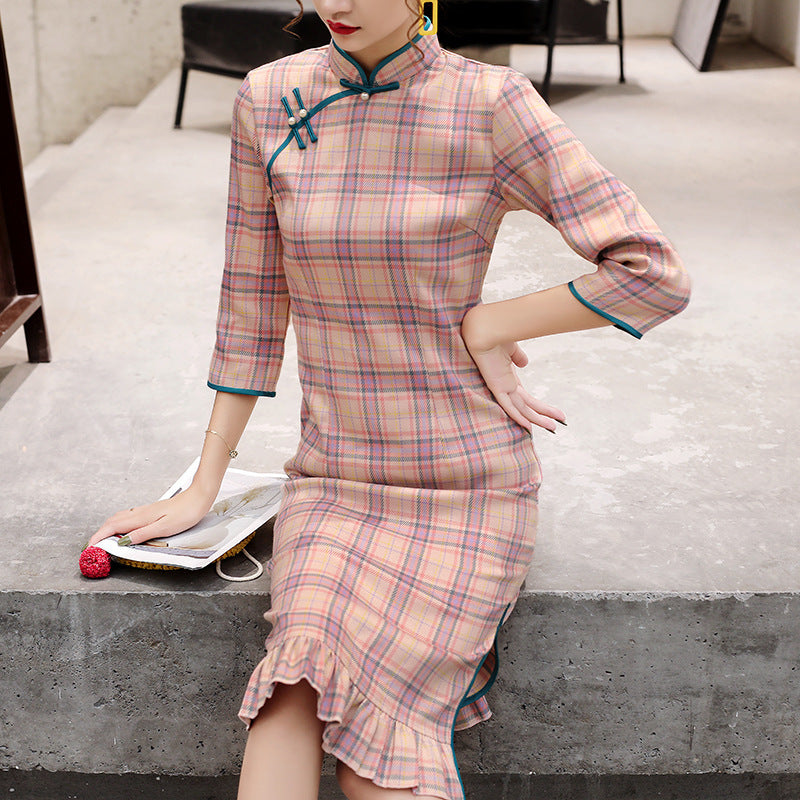 Retro Plaid Cheongsam Skirt