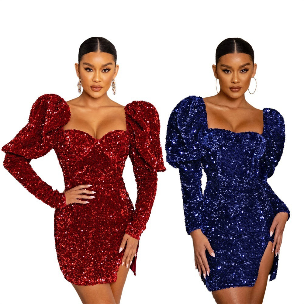 Women's Sequin Bubble Sleeve Dress