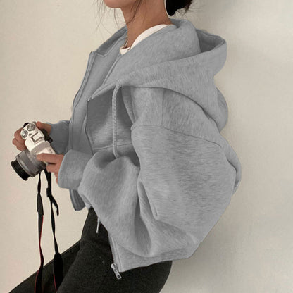 Loose Long Sleeve Zipper Pocket Hoodie For Women