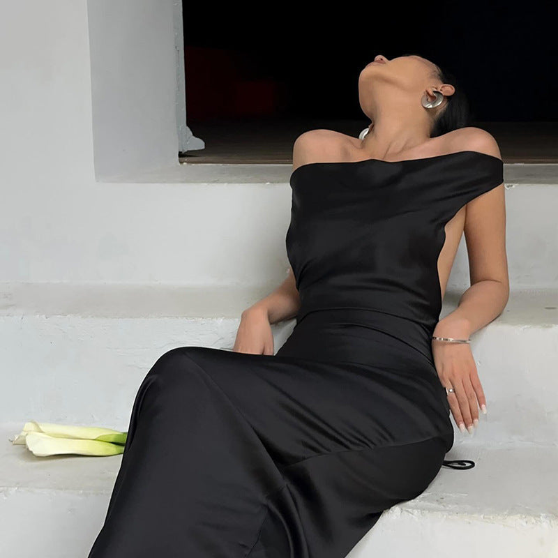 Backless Satin Off Shoulder Dress