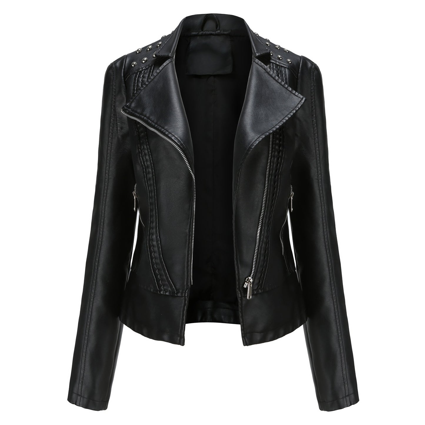 Beaded Leather Long-Sleeved Motorcycle Jacket