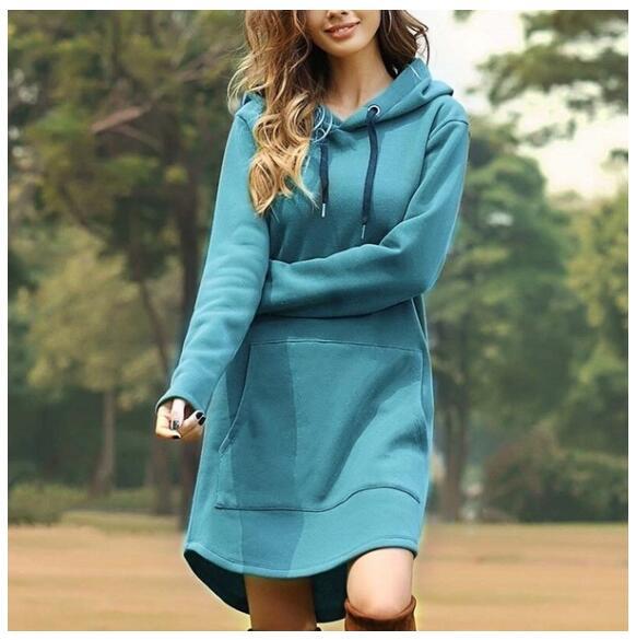 Solid Color Pocket Long Sleeve Hoodie For Women
