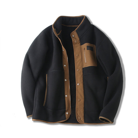 Fleece-Lined Thickened Stand Collar Pocket Jacket For Men