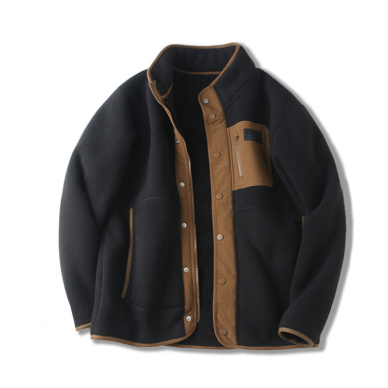 Fleece-Lined Thickened Stand Collar Pocket Jacket For Men