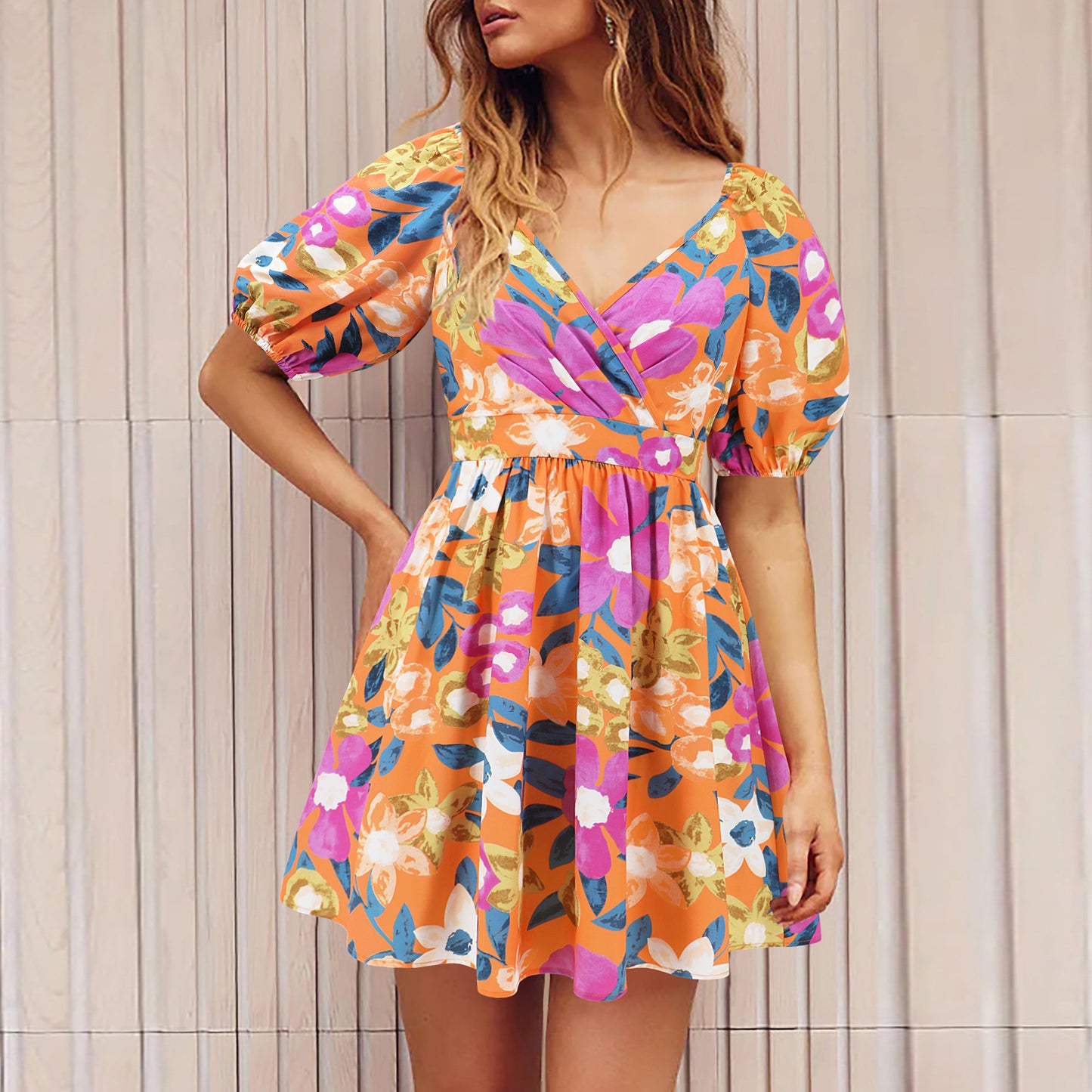 Printed V-Neck  Beach  Dress