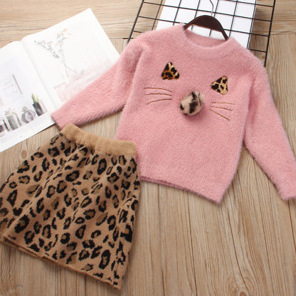 Girl's Knitted Leopard Print 2 Pcs