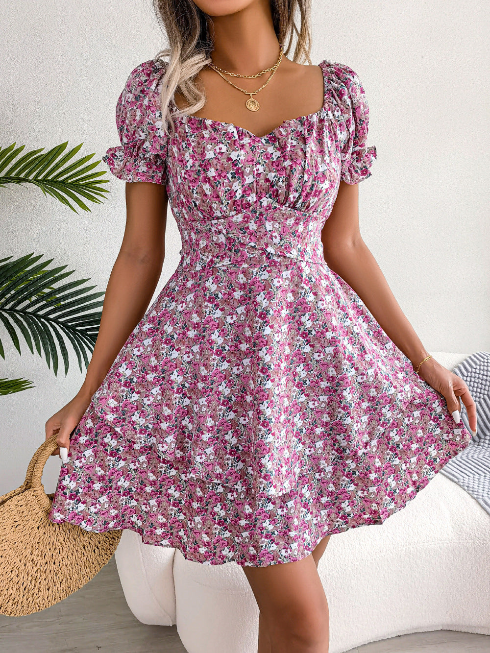 Ladies Floral Shirring Dress