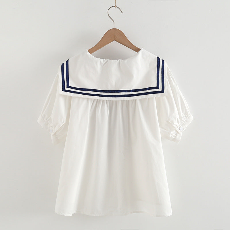 Elegant Cotton Pullover Sailor Collar Shirt