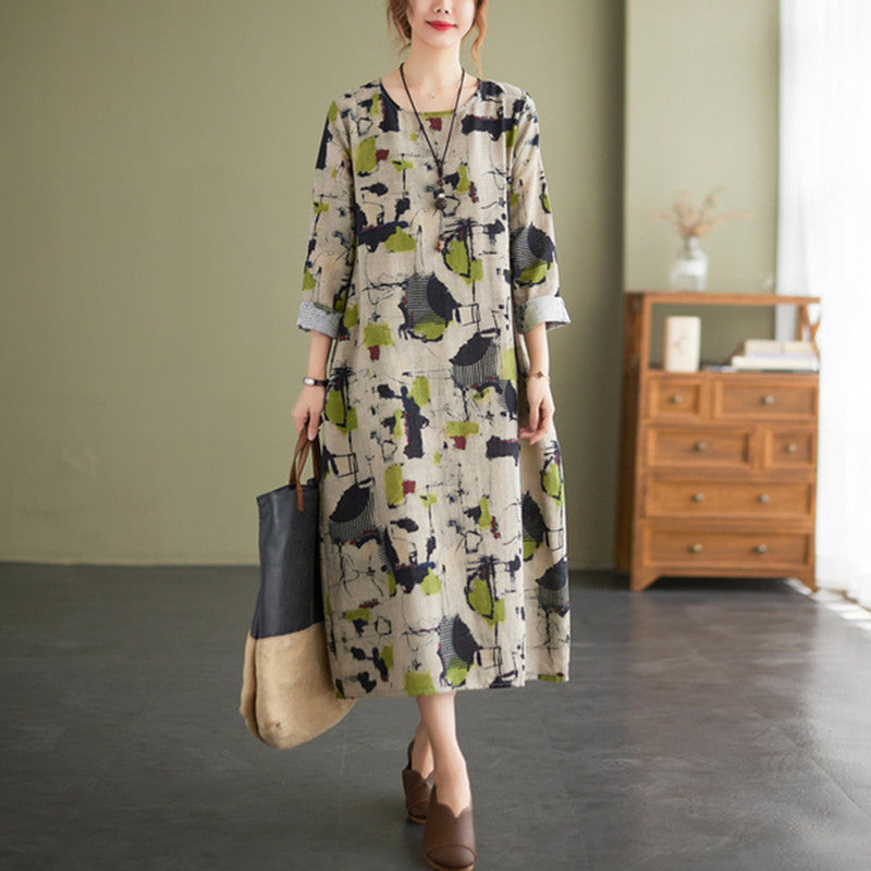 Vintage Linen Floral Print Dress