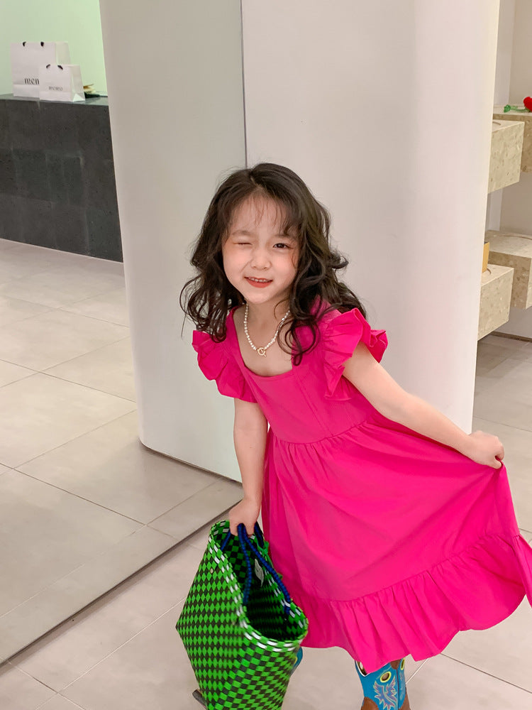 Girls Flounced Sleeve Ruffles Bow Dress