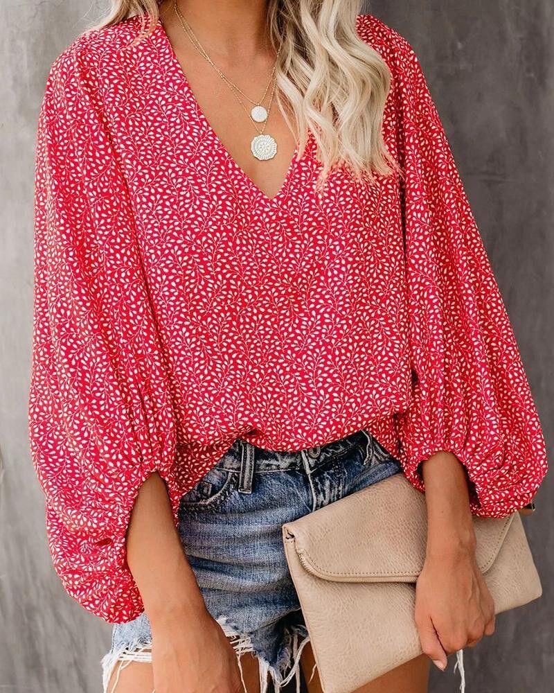 Printed Balloon Sleeve Blouse