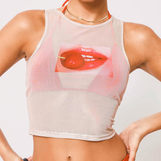 Round Neck Gauze Printed Sleeveless Night