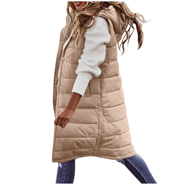 Solid Color Sleeveless Down Long Winter Jacket