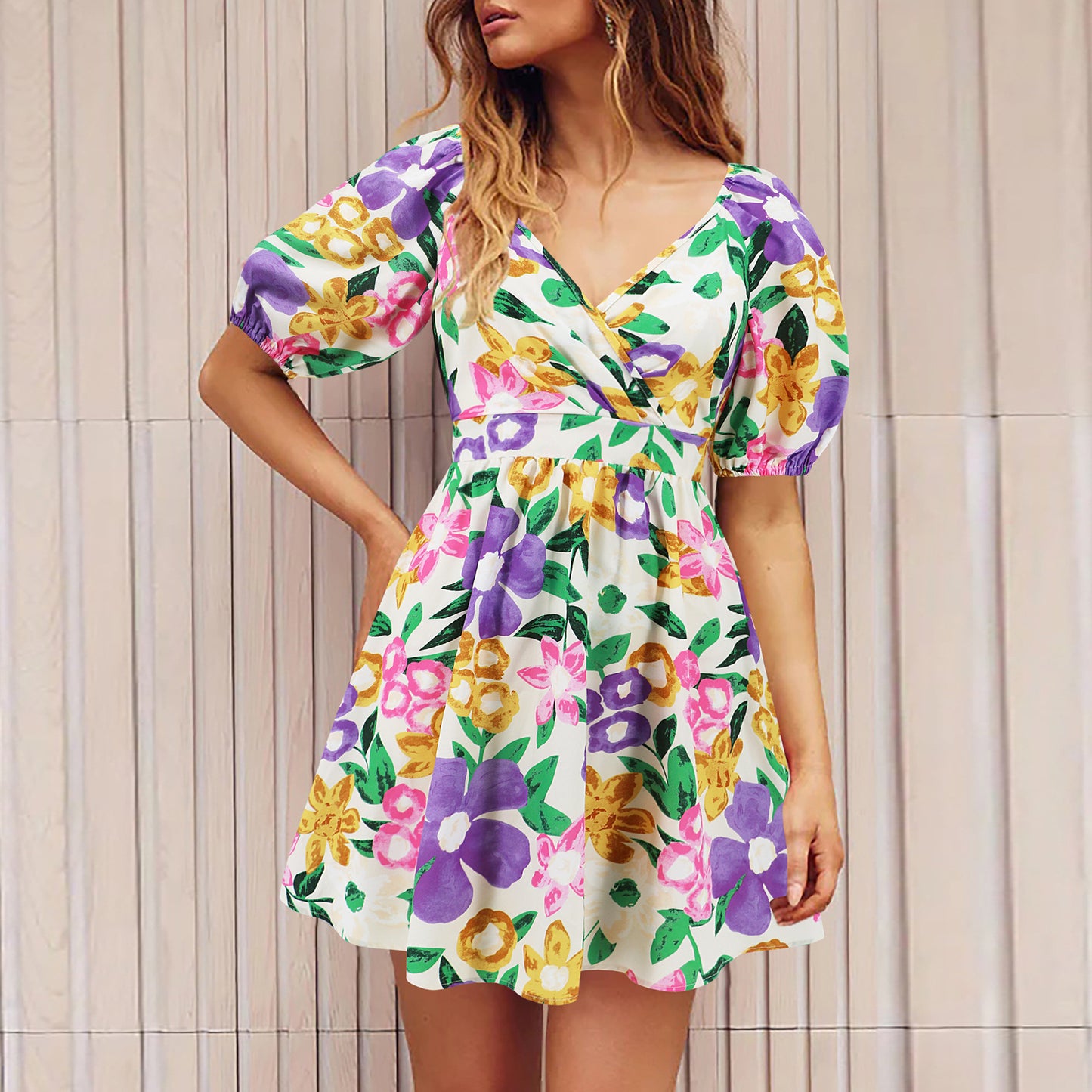 Printed V-Neck  Beach  Dress