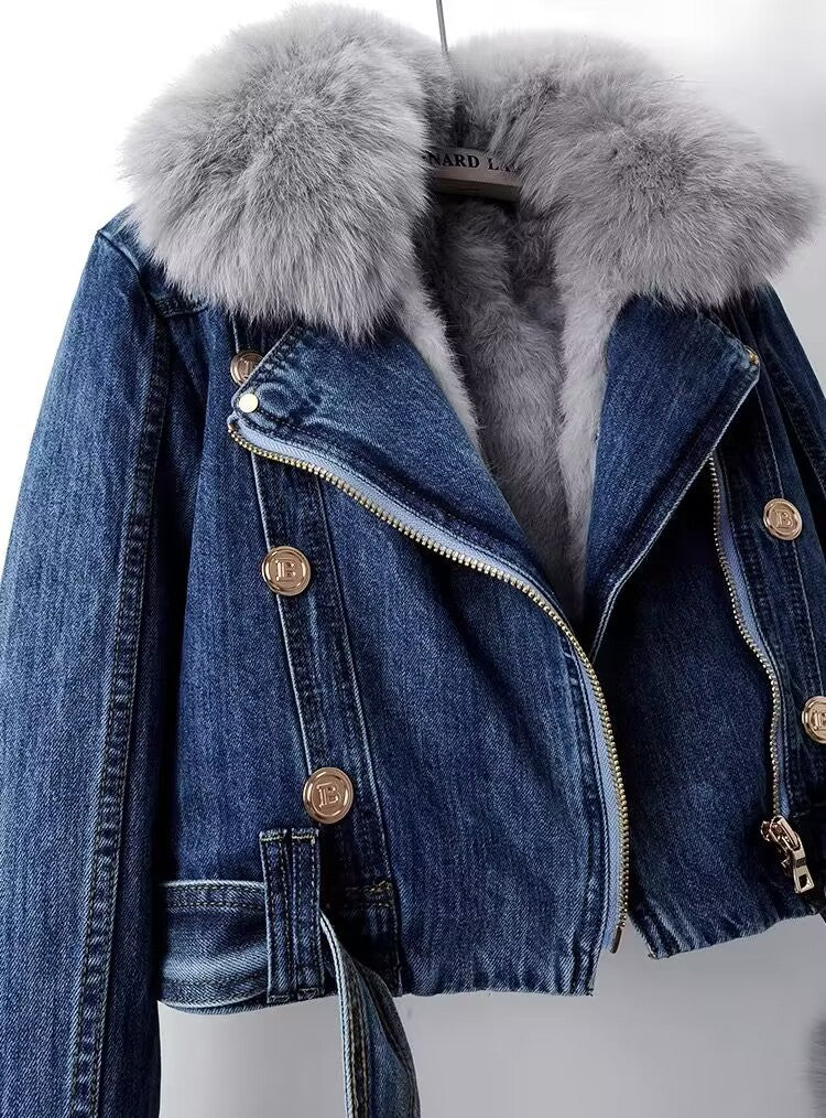 Detachable Fox Fur Liner Denim Coat