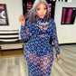 Mesh Printed Stand Collar Transparent Hip Wrap Mid Length Dress