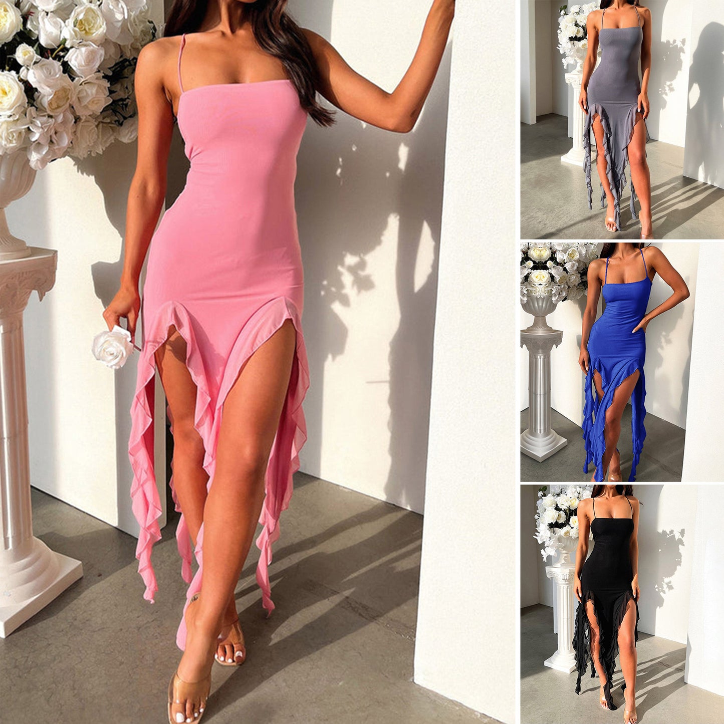 Thigh High Split Ruffle Dress