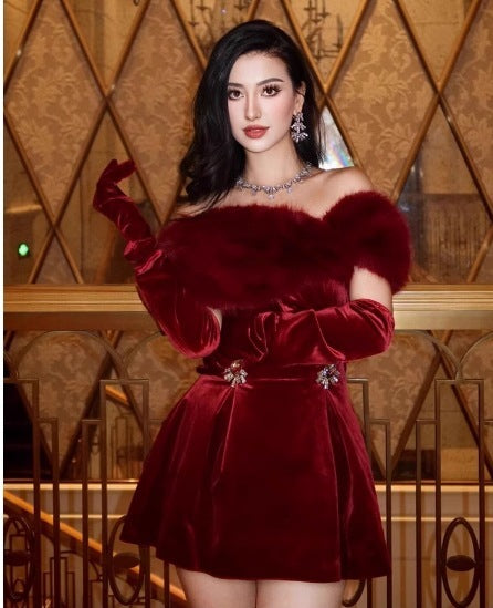 Women's Off-the-shoulder Plush Dress