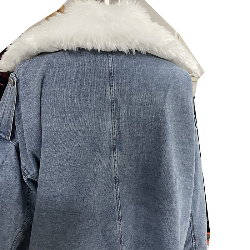Stone Washed Denim Jacket w/ Integrated Fur