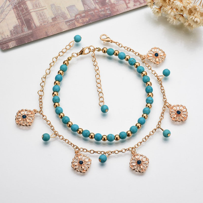 Retro Anklet Turquoise/Gold 2-piece Set