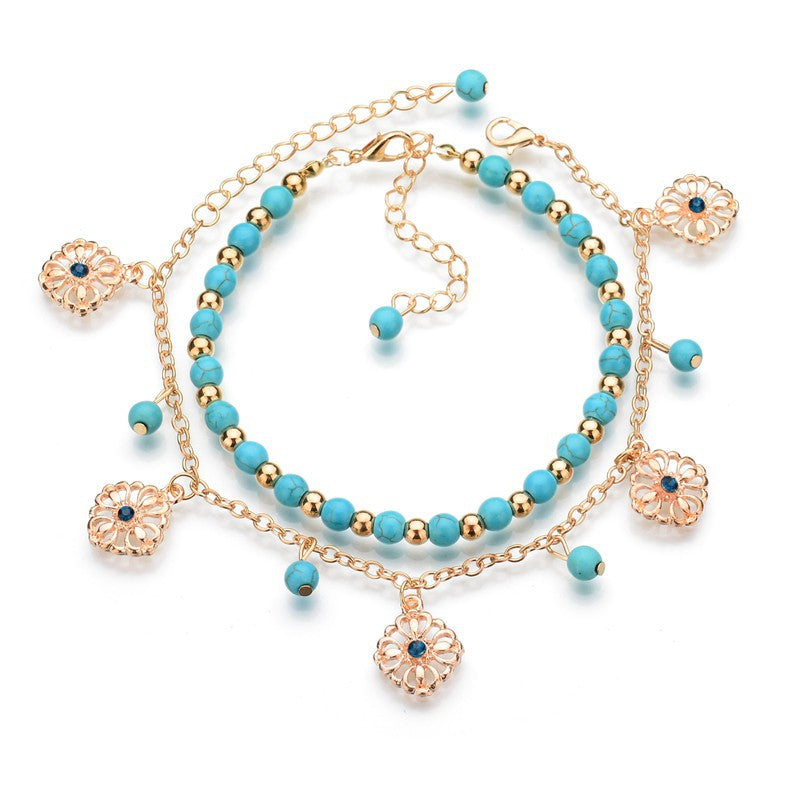 Retro Anklet Turquoise/Gold 2-piece Set