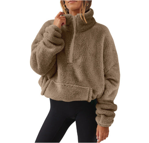 Velvet Fleece-Lined Half Zipped Stand Collar Hoodie For Women