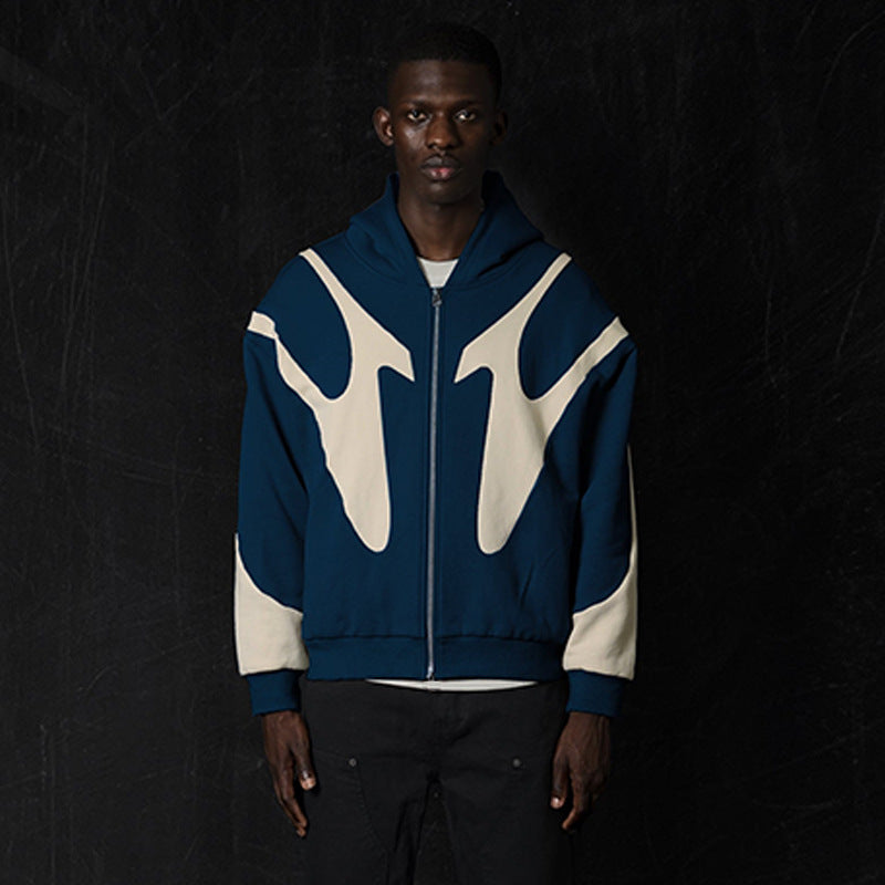 Pattern Stitching Trendy Zipper Hoodie For Men
