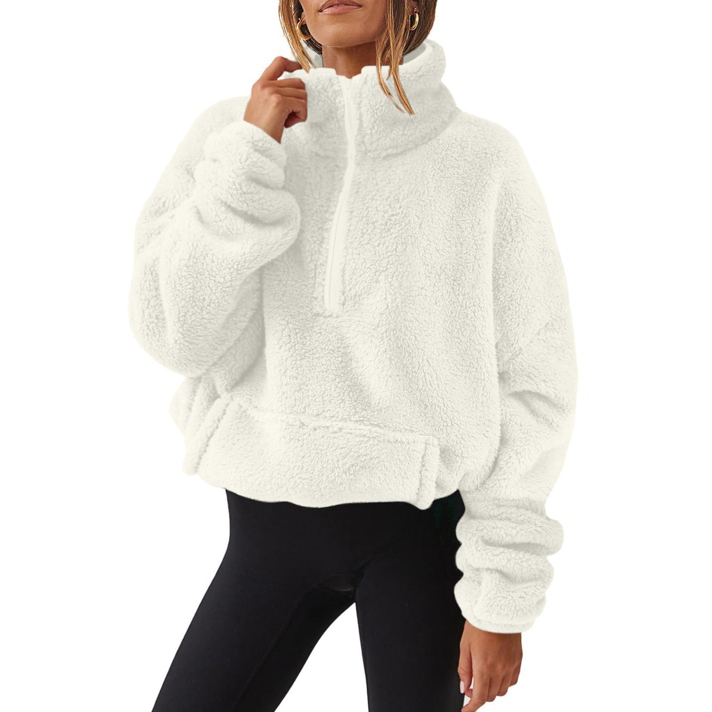 Velvet Fleece-Lined Half Zipped Stand Collar Hoodie For Women