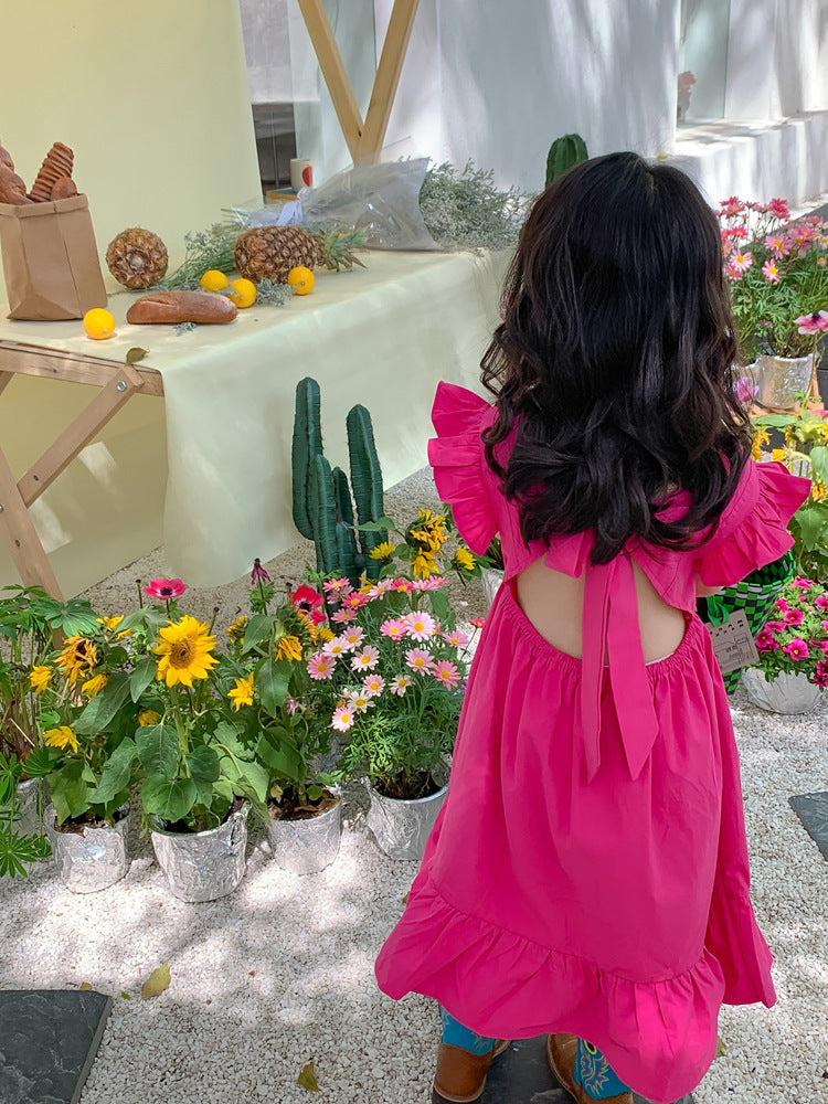 Girls Flounced Sleeve Ruffles Bow Dress
