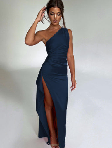 Women's Satin One-shoulder Split Dress