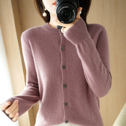Backed Round Neck Knitted Cardigan For Women