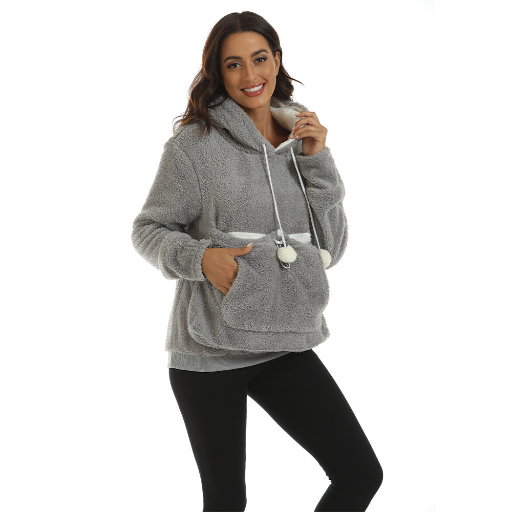 Large Pocket Solid Color Hoodie For Women