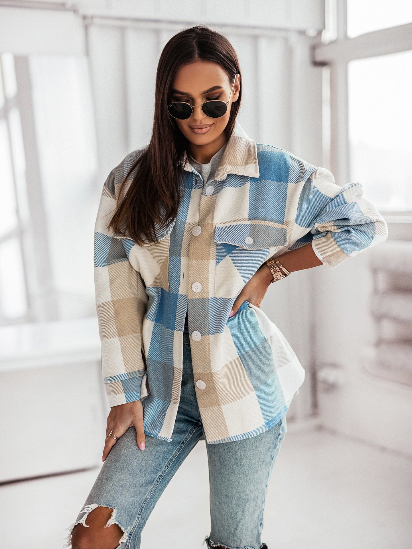 Women's Brushed Woolen Plaid Coat
