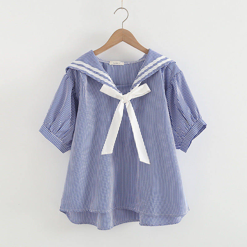 Elegant Cotton Pullover Sailor Collar Shirt