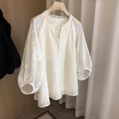 French Retro Lantern Sleeves Slimming Embroidered Women's Shirt