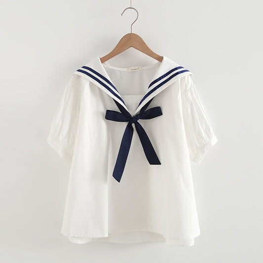 Elegant Cotton Pullover Sailor Collar Shirt