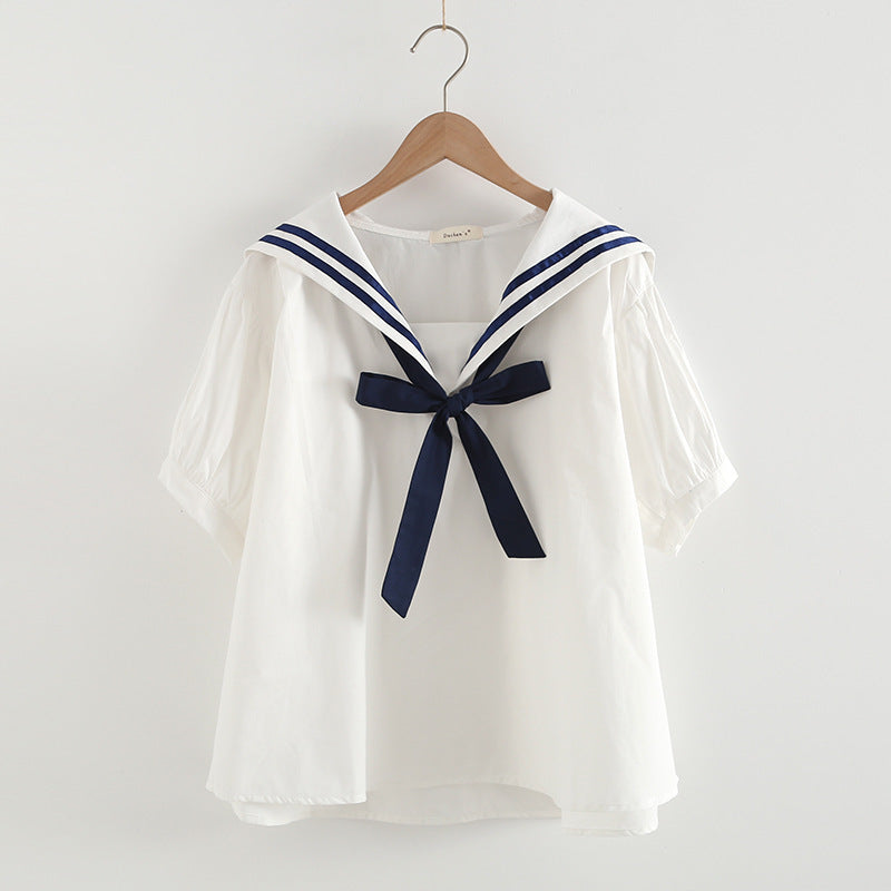 Elegant Cotton Pullover Sailor Collar Shirt