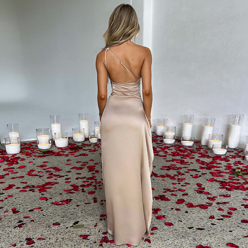 Women's Satin One-shoulder Split Dress