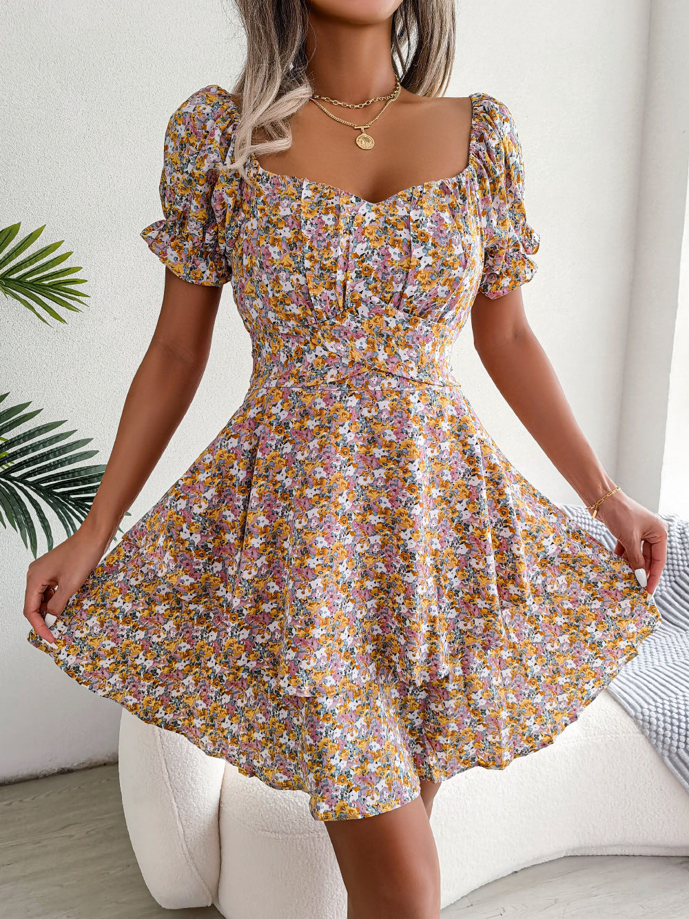 Ladies Floral Shirring Dress