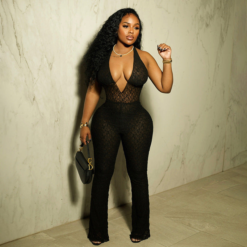 Halter V-neck Lace Jumpsuit
