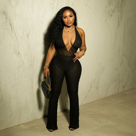 Halter V-neck Lace Jumpsuit