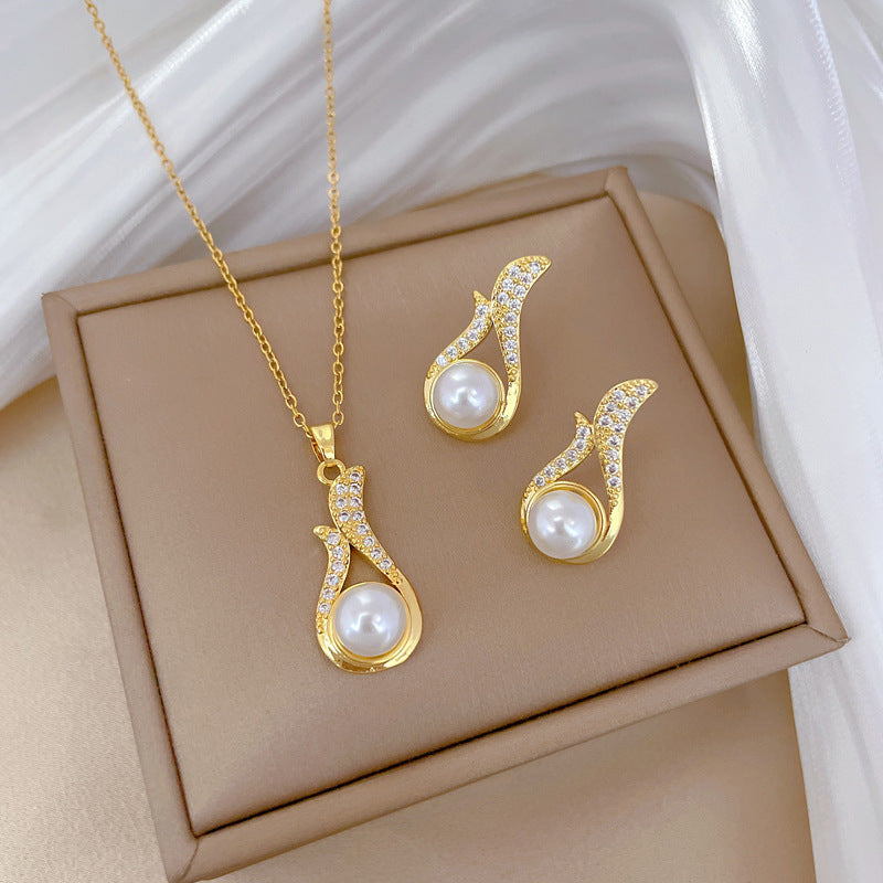 Diamond Pearl Necklace & Earrings Set