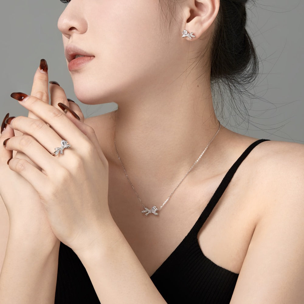 Silver Bow Heart  3Pcs Set