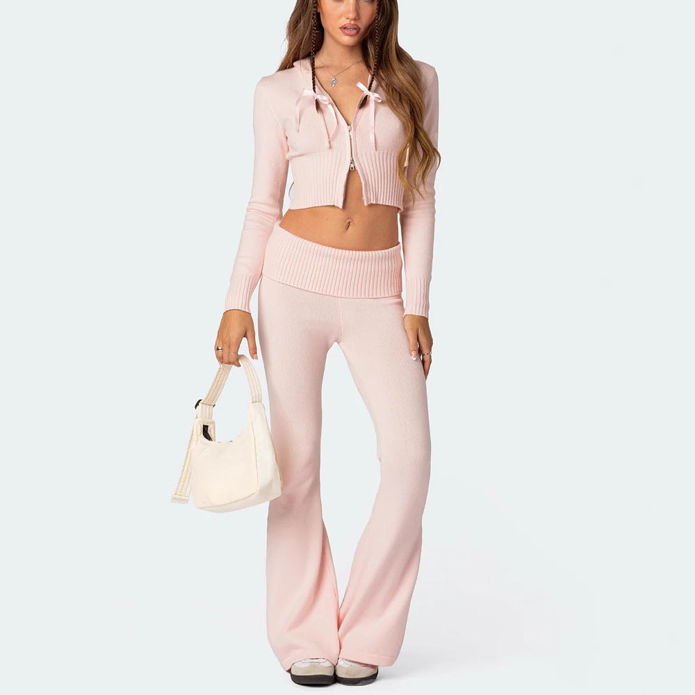 Ladies Knitted Hooded 2 Pcs Suit