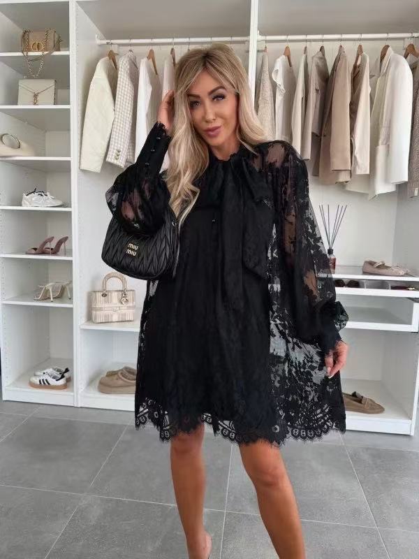 Balloon Sleeve Lace Chiffon Dress