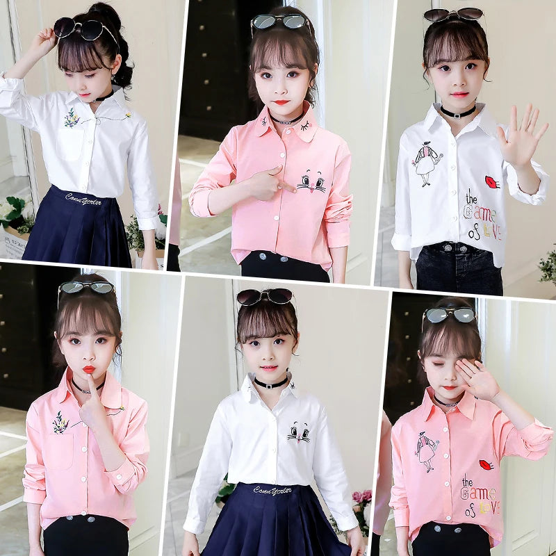 New!! Girls White Blouse Long Sleeves Tops