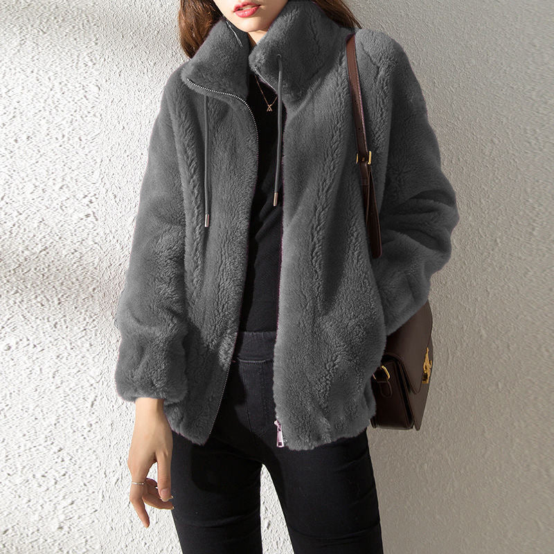 Double Faced Fleece High Neck Cardigan For Women