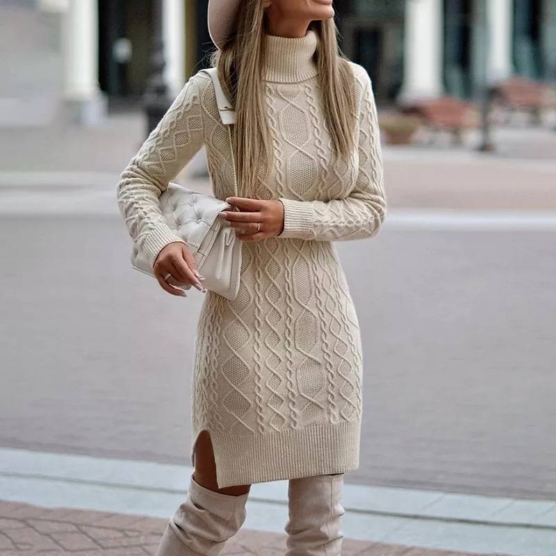 Knitted Turtleneck Dress W/ Slit