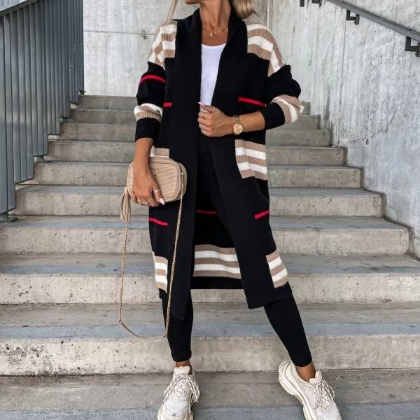 Long Striped European And American Style Cardigan For Women