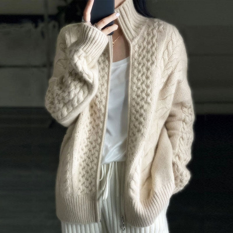 Thick Cashmere High Neck Zipper Cardigan For Women